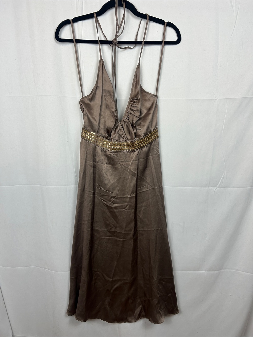 Beaded Waist Silk Halter Dress - Fawn & Gold
